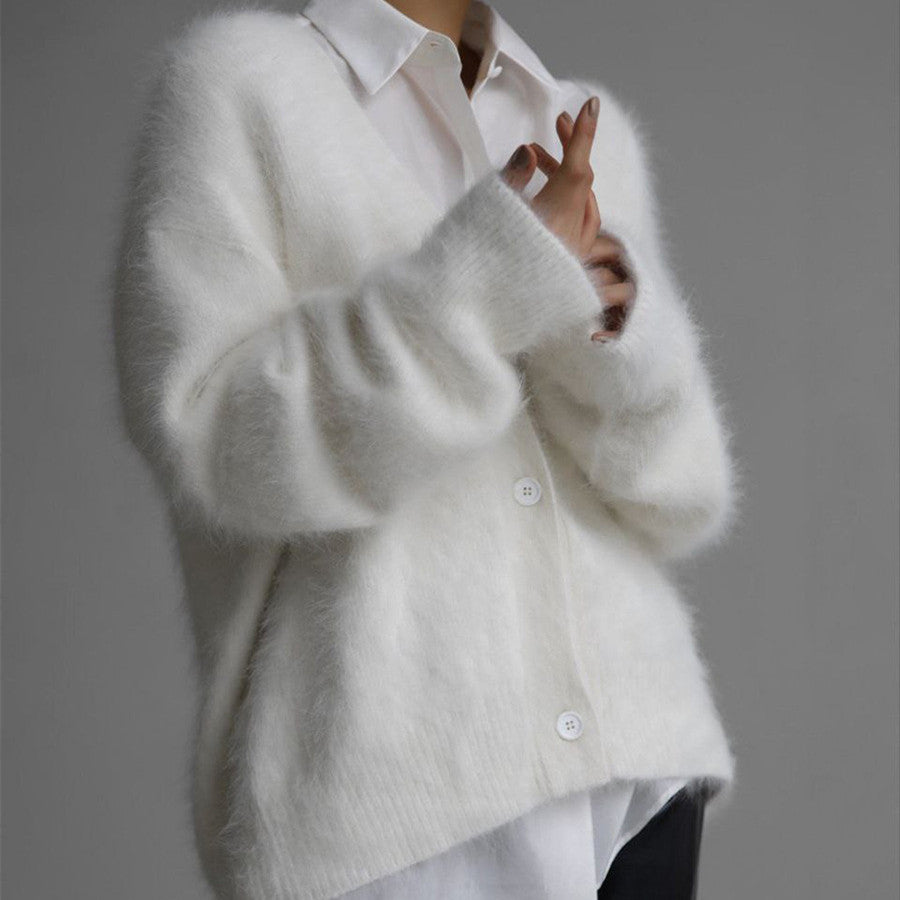 Women's Fluffy Oversize Button Cardigan with Deep V-Neck and Insert Pockets Mune Fashion