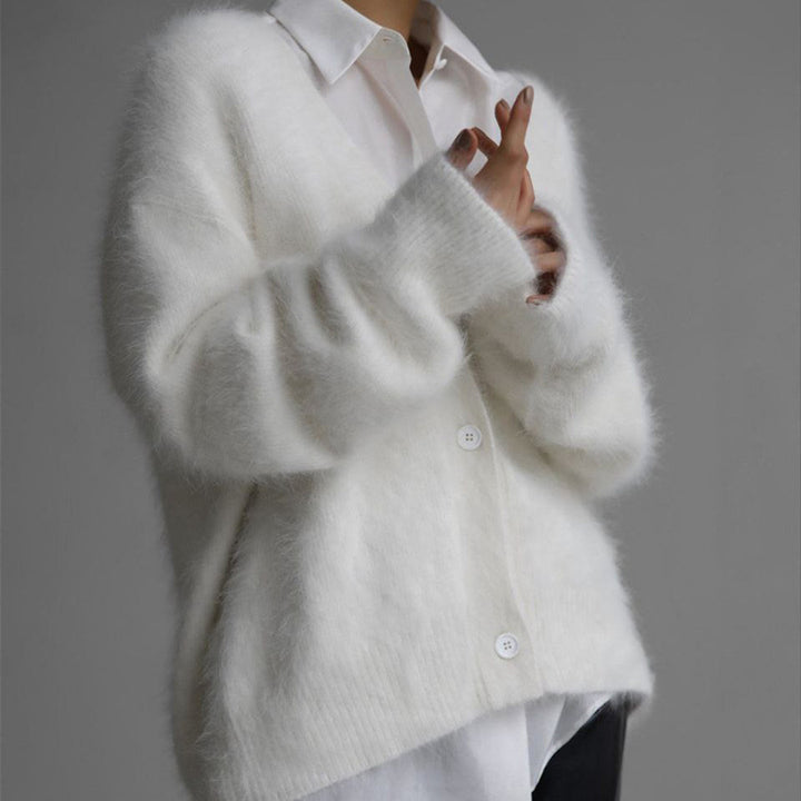 Women's Fluffy Oversize Button Cardigan with Deep V-Neck and Insert Pockets Mune Fashion