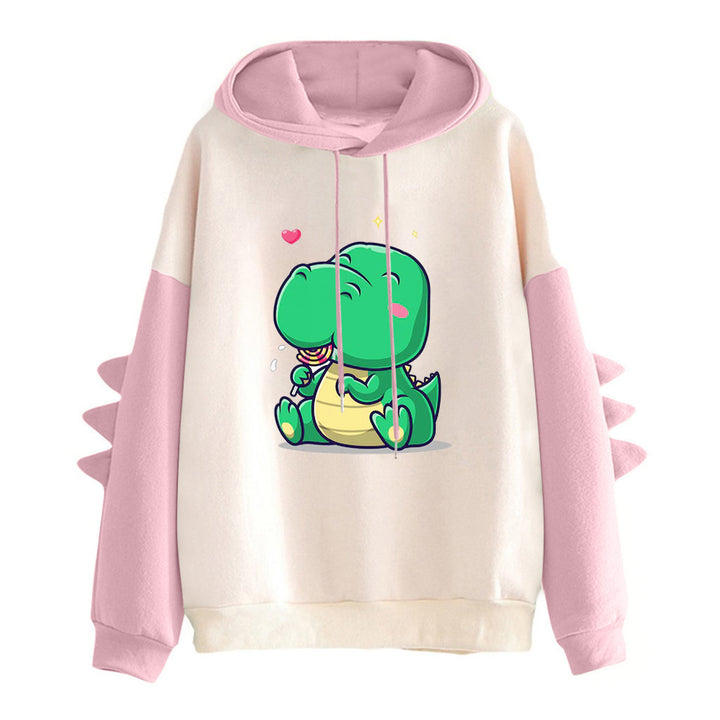 Ladies hooded sweater with cute dinosaur print, cozy inner lining and three-dimensional sleeve details Mune Fashion