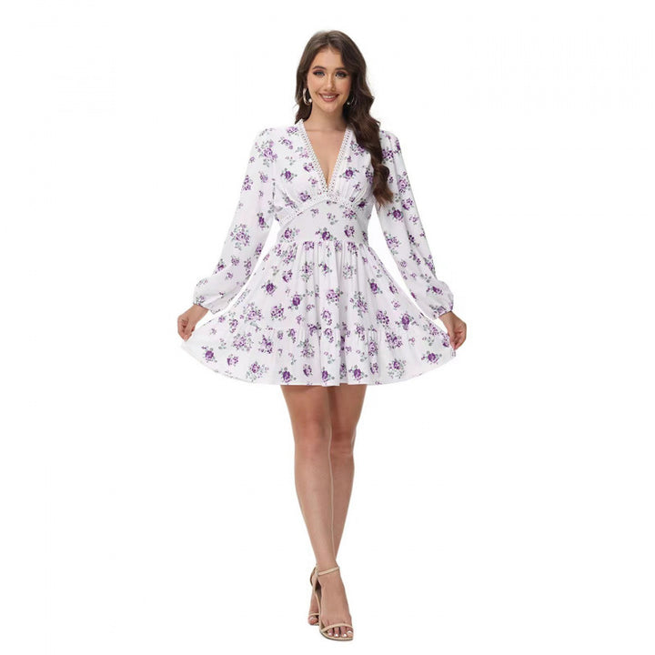 Women Boho floral mini dress with V-neck and puff sleeves Mune Fashion