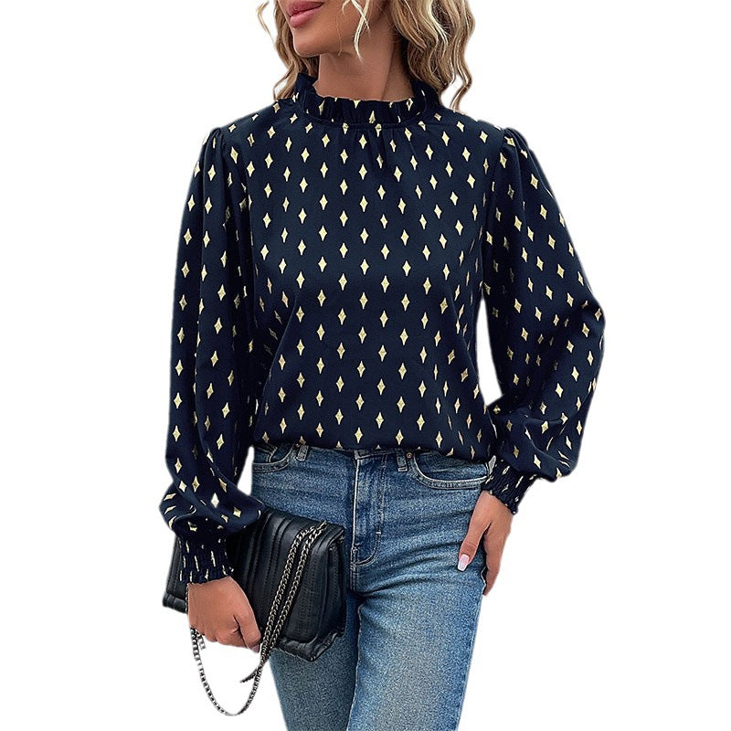 Women's Elegant Chiffon Blouse with Diamond Print, Gathered Stand Collar and Balloon Sleeves Mune Fashion