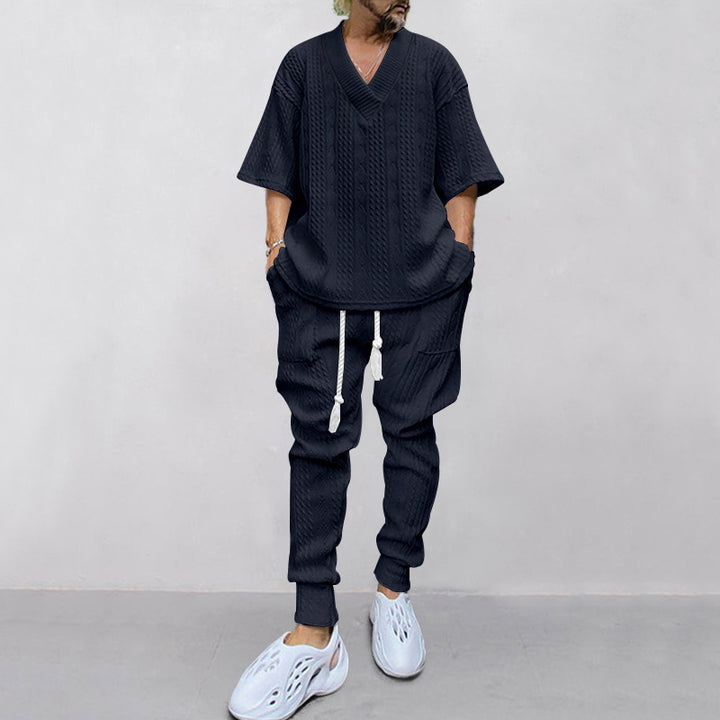Men's casual knit set with V-neck and drawstring jogger pants Mune Fashion