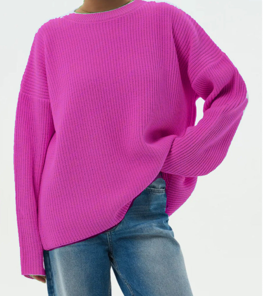 Women's Oversize Structured Knit Sweater with Round Neckline and Dropped Shoulder Mune Fashion