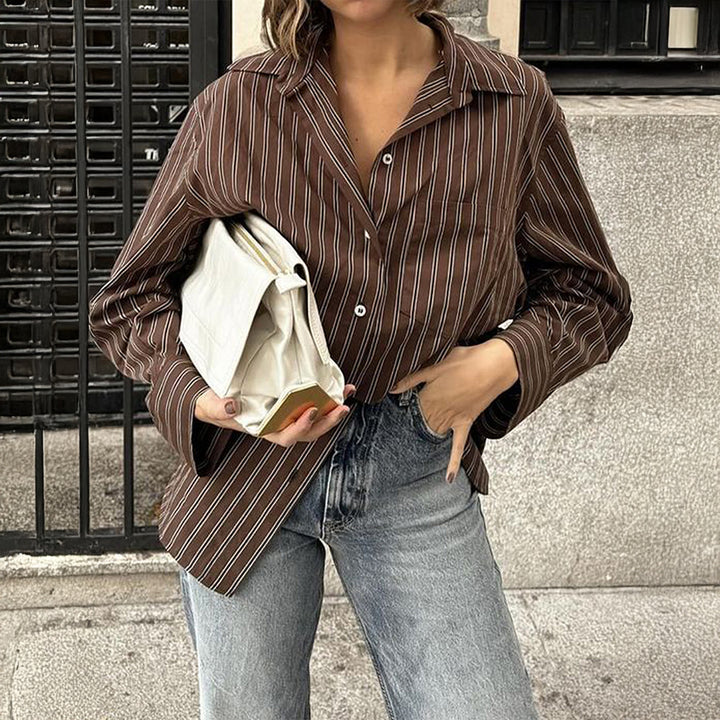 Women oversized casual shirt with fine pinstripes, shirt collar and chest pocket Mune Fashion