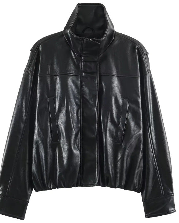 Women Short Blouson made of Artificial Leather with Double-Breasted Button Placket and Shoulder Cape Mune Fashion