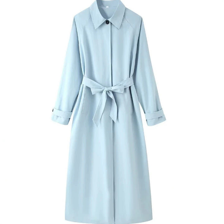 Women's Lightweight Knee-Length Trench Coat in Clean Look with Tie Waist and Concealed Button Placket Mune Fashion