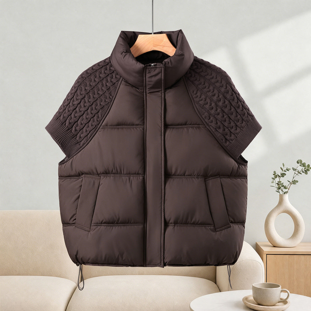 Ladies quilted vest in cape look with cable knit shoulder insert and high stand-up collar Mune Fashion