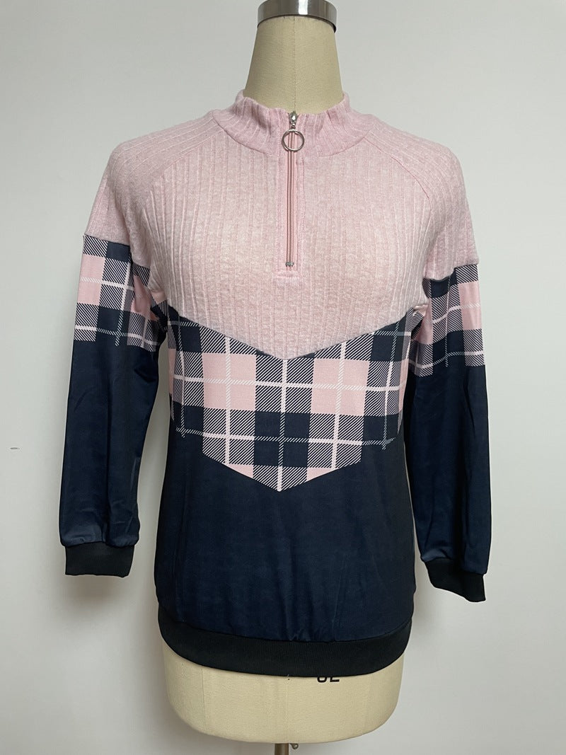 Ladies nan soft-grippy sweatshirt with short zipper, stand-up collar and check panel Mune Fashion