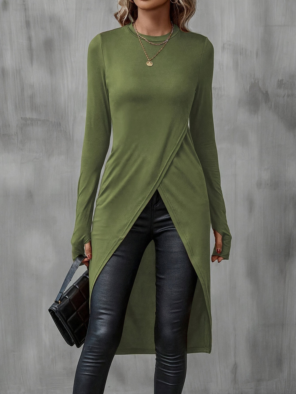 Women Asymmetrical Long Sleeve Tunic with Wrap Hem Mune Fashion