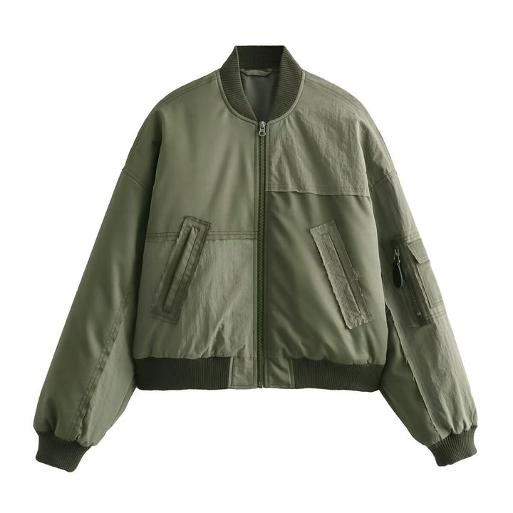 Women's Short Oversized Bomber Jacket with Utility Pockets and Ribbed Cuffs Mune Fashion