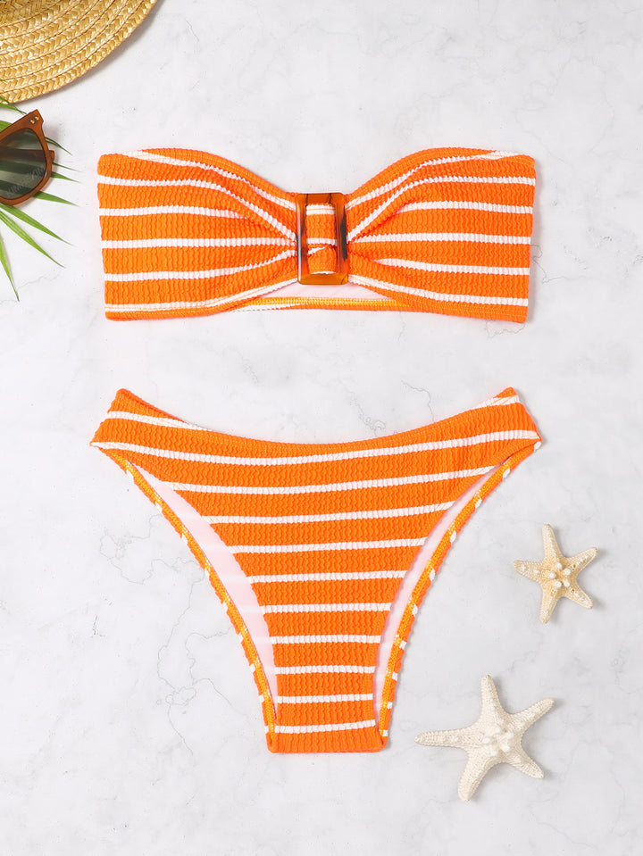 Women's bandeau bikini with a stylish striped pattern and decorative buckle Mune Fashion