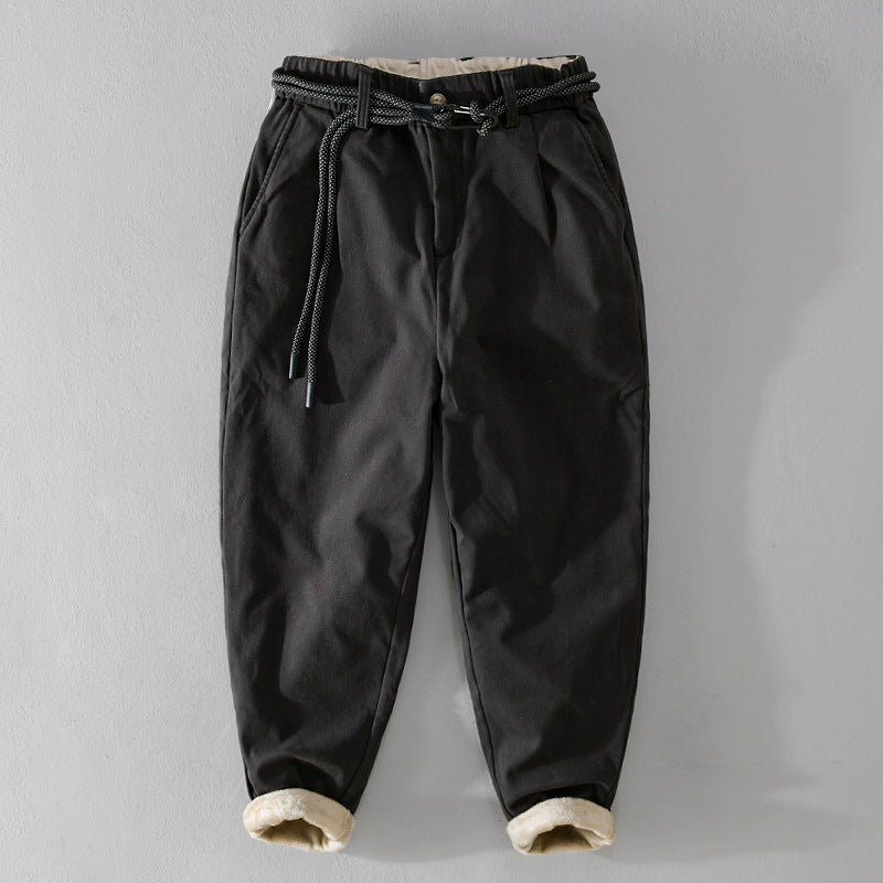 Women's Lined Cotton Chino Pants with Elastic Waistband, Carrot Cut and Decorative Belt Mune Fashion