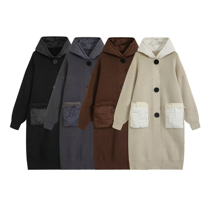 Women's Longline Chunky Knit Coat with Quilted Hood and Oversized Front Pockets Drune