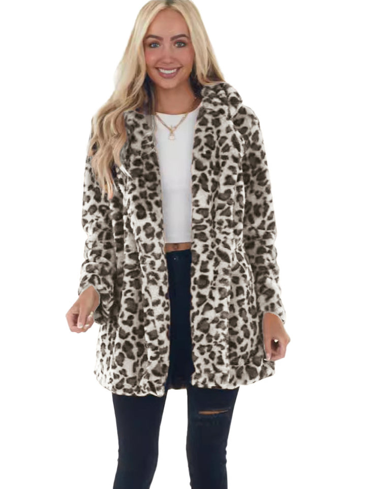 Women's Faux-Fur Leopard-Print Hooded Plush Mid-Length Coat Mune Fashion