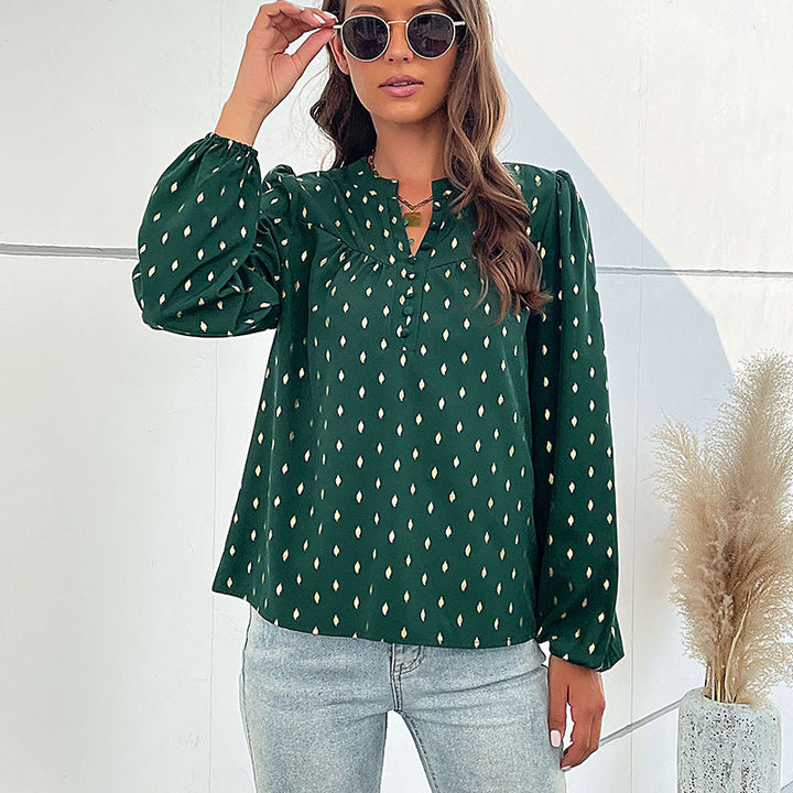 Women's Lightweight Viscose Blouse with Delicate Ikat Print, Stand Collar and Decorative Button Placket Mune Fashion