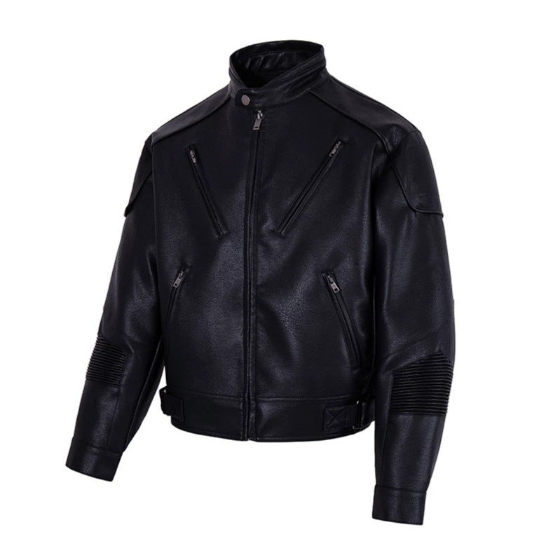 Men's biker jacket made of faux leather with stand-up collar, zipper pockets, and quilted elbow area Mune Fashion