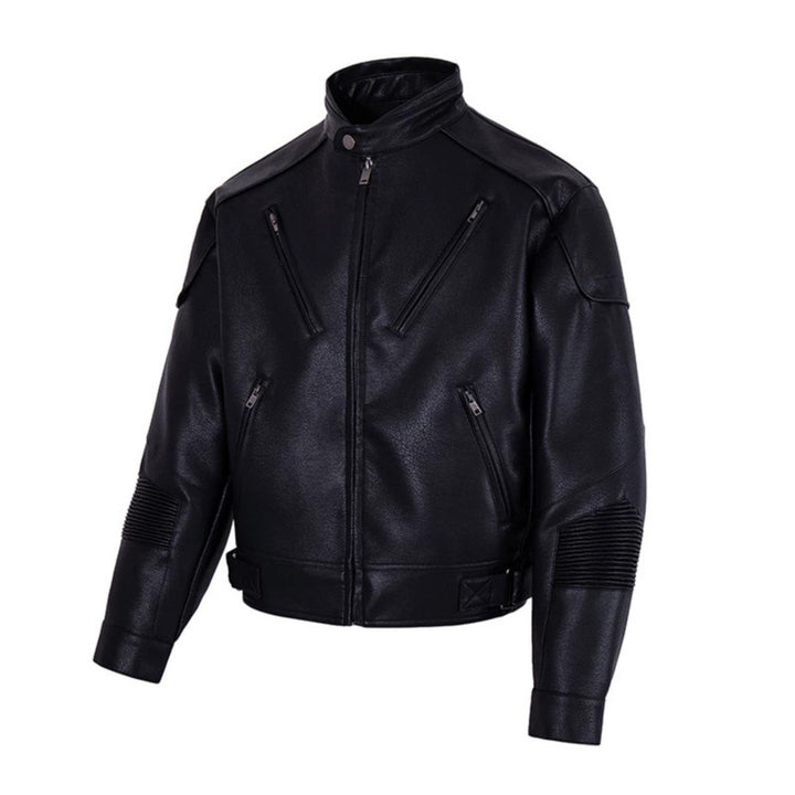 Men's biker jacket made of faux leather with stand-up collar, zipper pockets, and quilted elbow area Mune Fashion