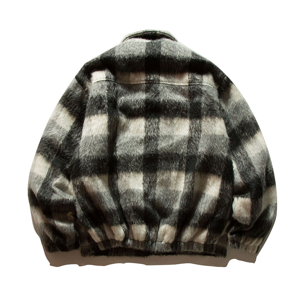 Unisex Short-cut checkered faux fur bomber jacket with stand-up collar and concealed zipper Mune Fashion