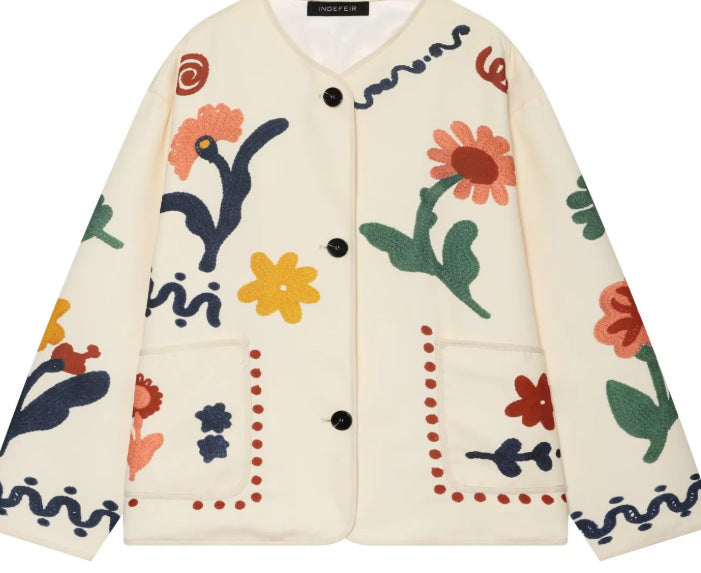 Women's Boxy Cardigan Jacket with Floral Appliqués and Patch Pockets Mune Fashion