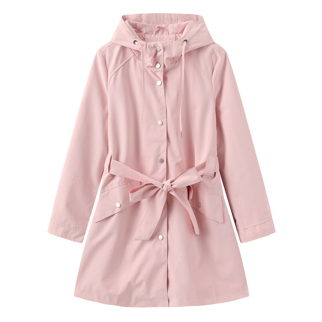 Women's lightweight raincoat in A-line cut with hood, drawstring, and tie belt Mune Fashion