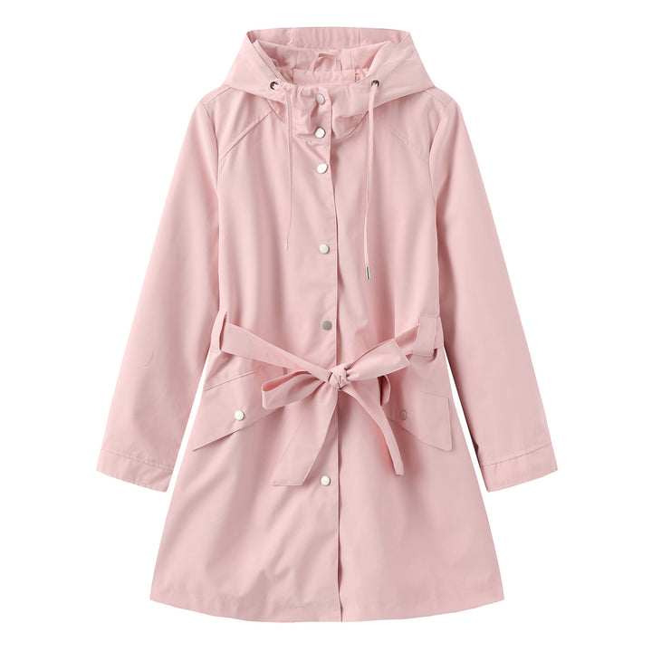 Women's lightweight raincoat in A-line cut with hood, drawstring, and tie belt Mune Fashion