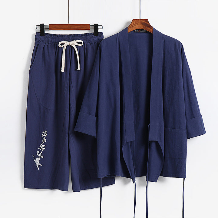 Unisex Lightweight Kimono Loungewear Set made of Cotton-Linen with Embroidered Harem Pants and Tie Belt Mune Fashion