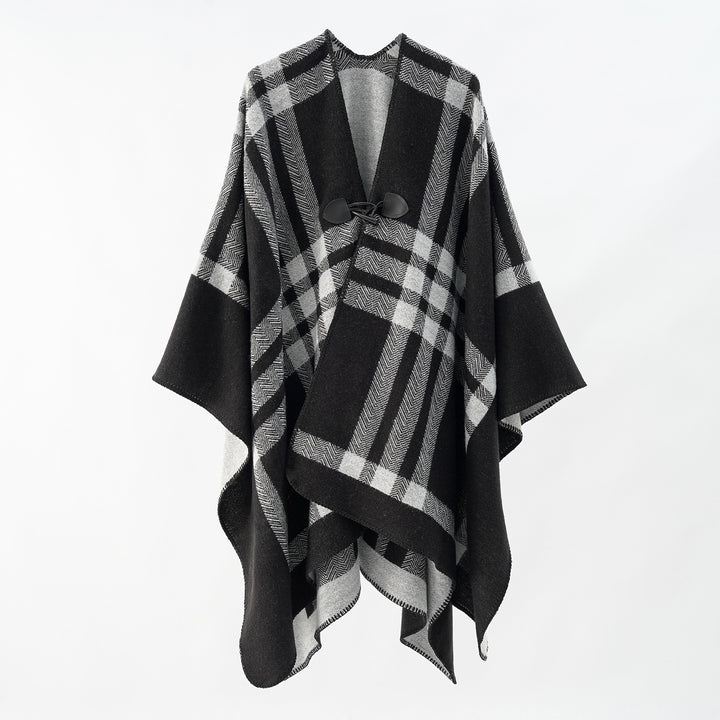 Women's Reversible Wool Blend Poncho with Toggle Closure and Check Pattern Mune Fashion