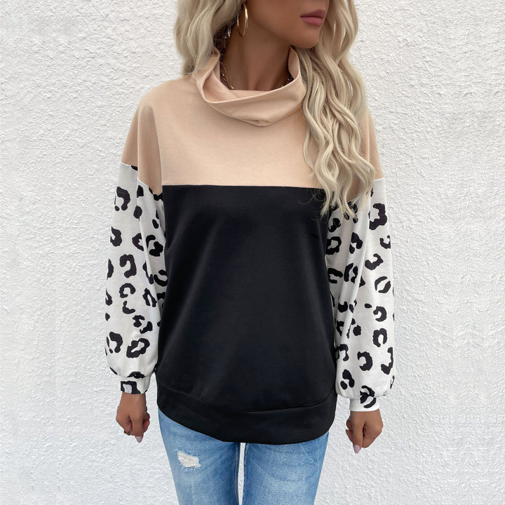 Women's colorblock sweatshirt with rollover collar and animal print sleeves Mune Fashion