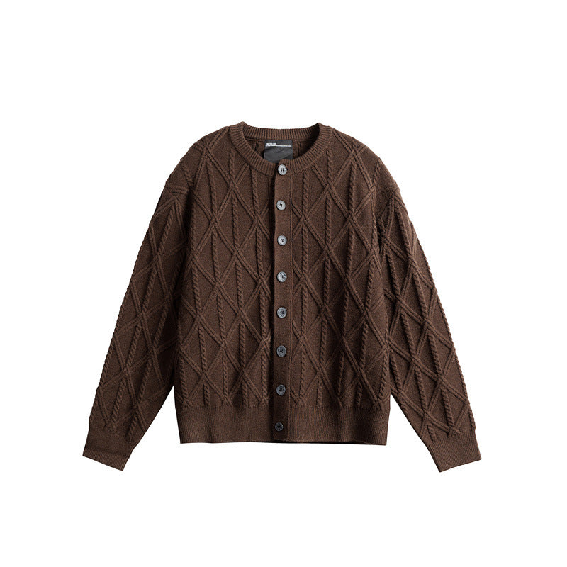 Ladies' knitted cardigan in boxy cut with textured diamond pattern, round neck and continuous button placket Mune Fashion