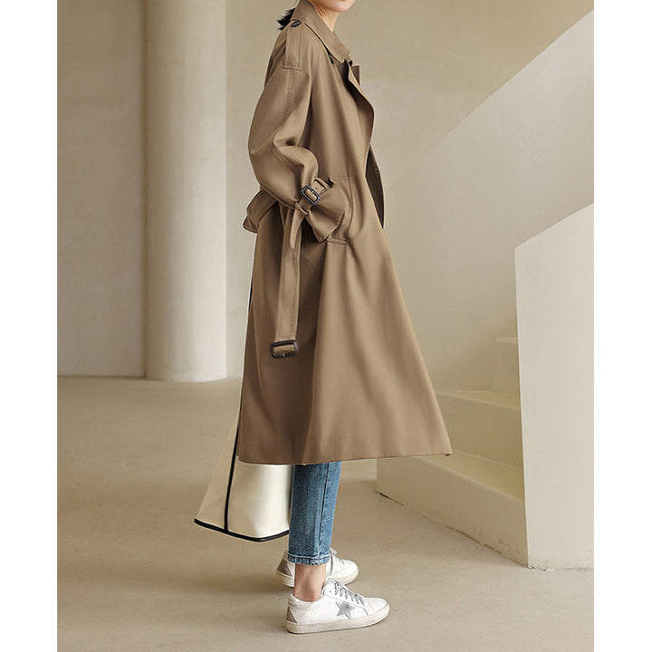 Women Lightweight Knee-Length Double-Breasted Trench Coat Made of Cotton Blend with Epaulettes and Buckle Cuffs Mune Fashion