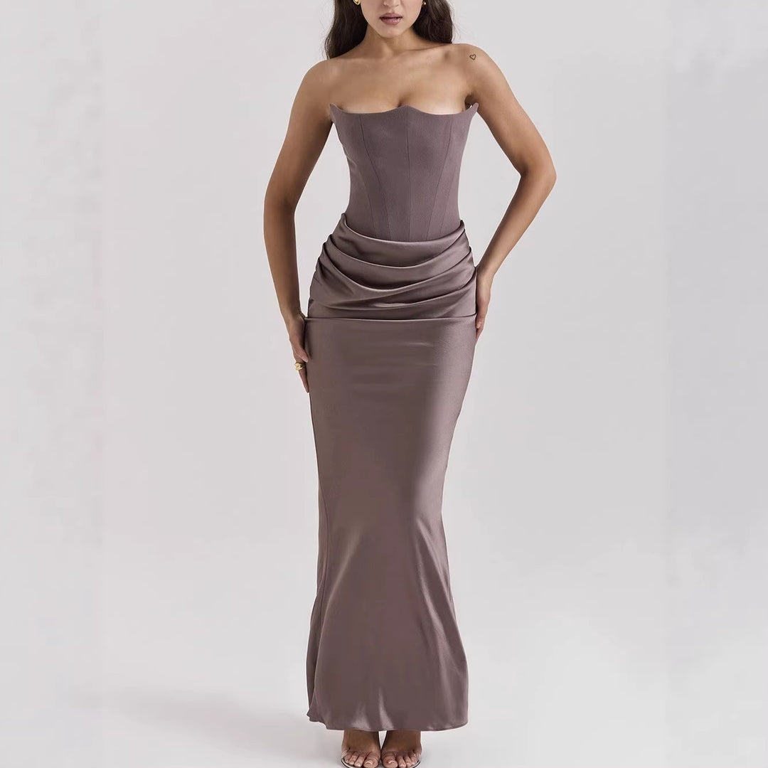 Women's strapless corset evening dress with contoured bodice construction and elegant hip draping Mune Fashion