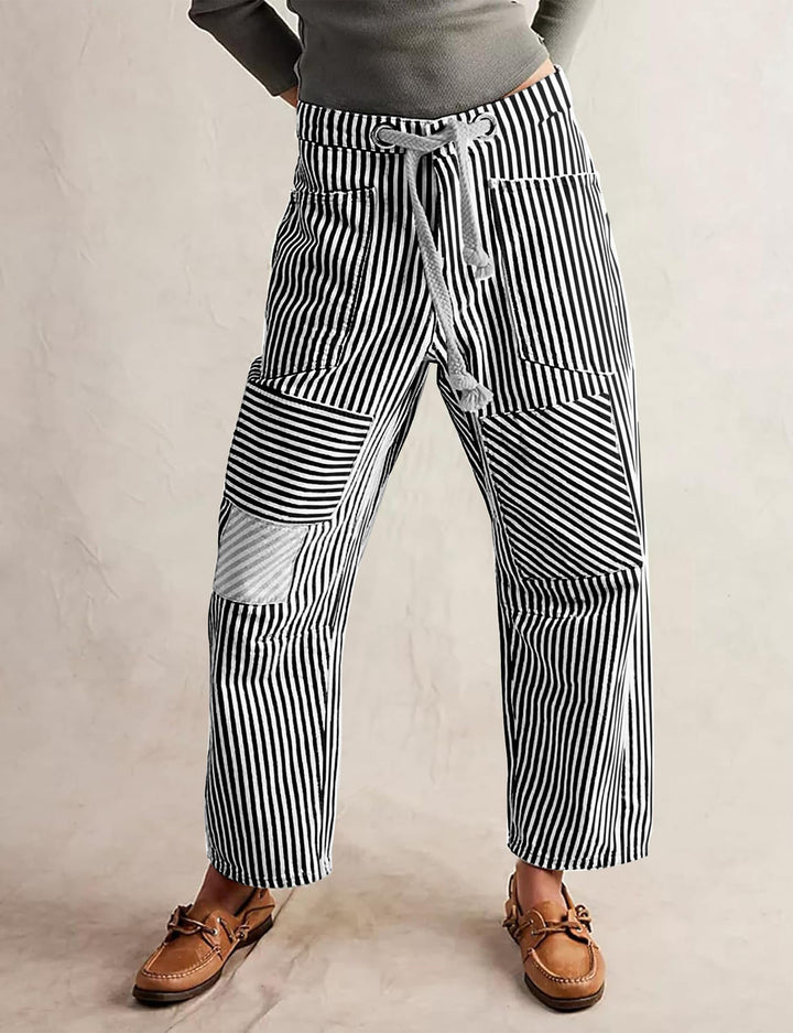 Women casual striped linen pants with drawstring and patch pockets Mune Fashion