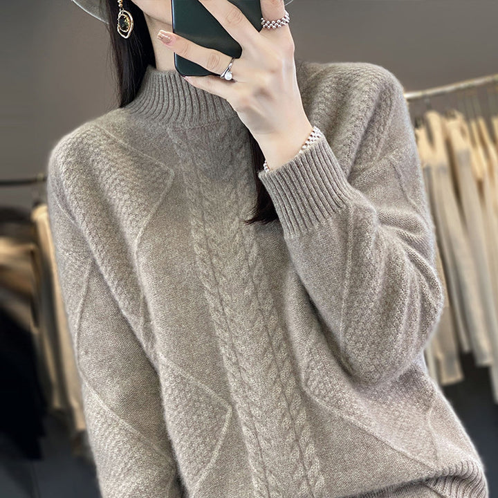 Women's Soft Cable Knit Mock Neck Sweater with Structure Patches and Fluffy Mohair Look Mune Fashion