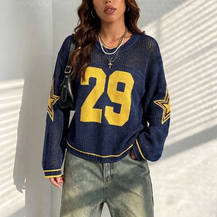 Women Oversize Mesh Knit Cropped Pullover with V-Neck Mune Fashion