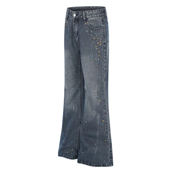 Women High-Waist Flared Jeans with Pearl and Stud Decoration Mune Fashion