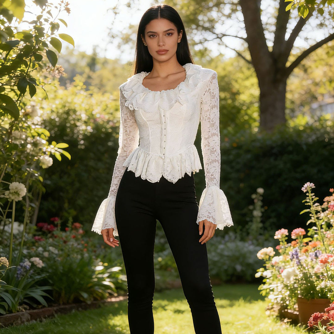 Women's Lace Corset with Ruffled Collar and Bell Sleeves Mune Fashion
