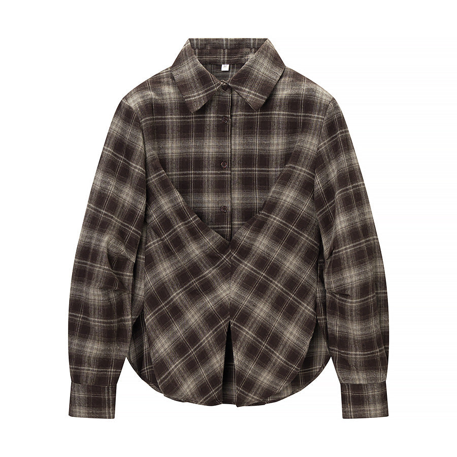 Women's Checked Cotton Shirt with Wrap Draping and Oversized Silhouette Mune Fashion