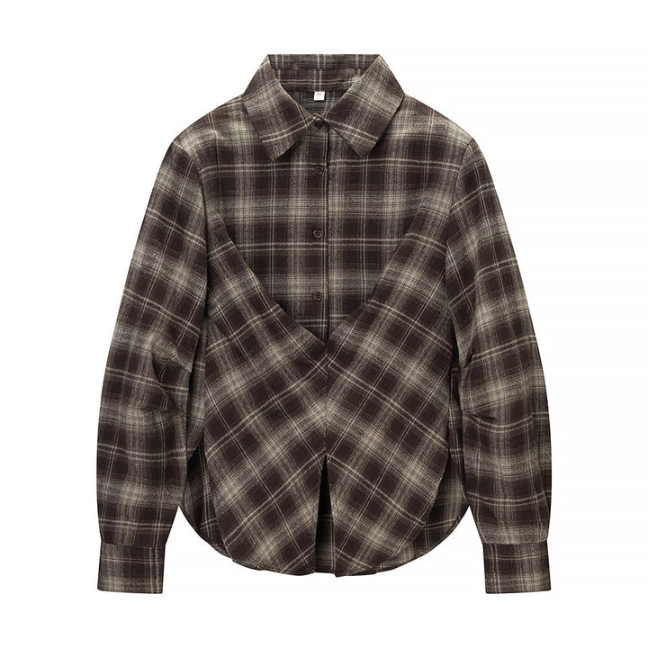 Women's Checked Cotton Shirt with Wrap Draping and Oversized Silhouette Mune Fashion