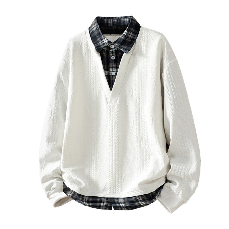 Men's knitted structured V-neck layered sweater with integrated check collar insert Mune Fashion
