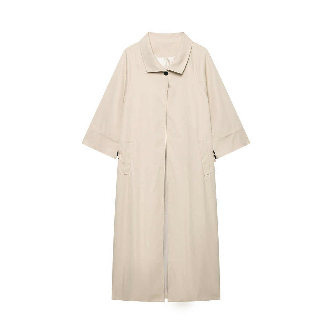 Women's Lightweight Long Trench Coat with Three-Quarter Length Sleeves and Hidden Button Placket Drune
