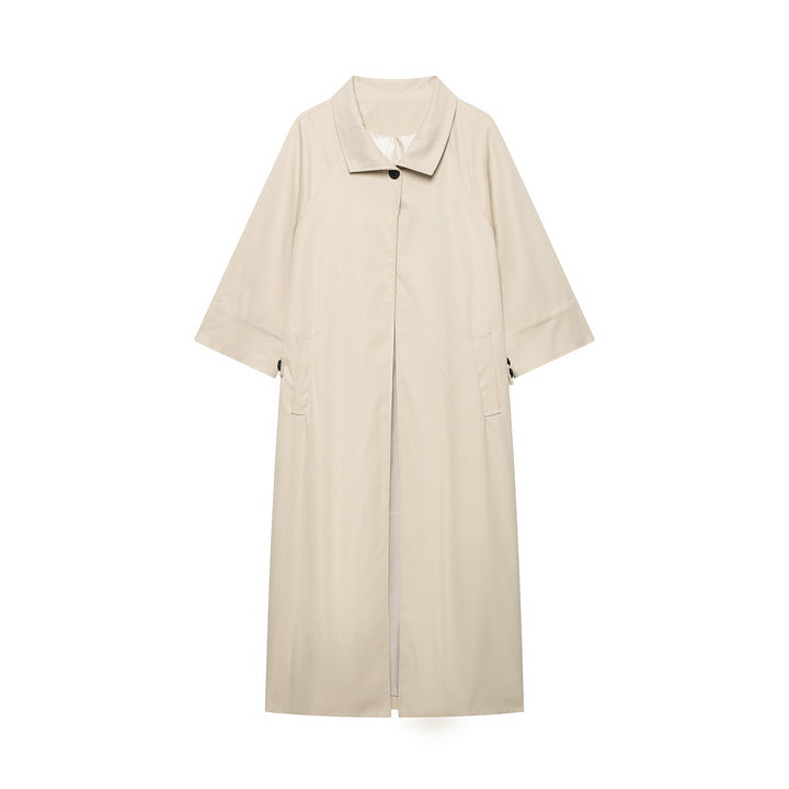 Women's Lightweight Long Trench Coat with Three-Quarter Length Sleeves and Hidden Button Placket Drune
