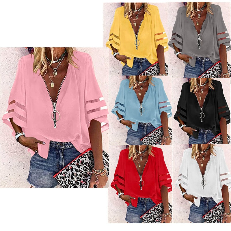 Women V-neck blouse with decorative ring zipper and cut-out sleeves Mune Fashion
