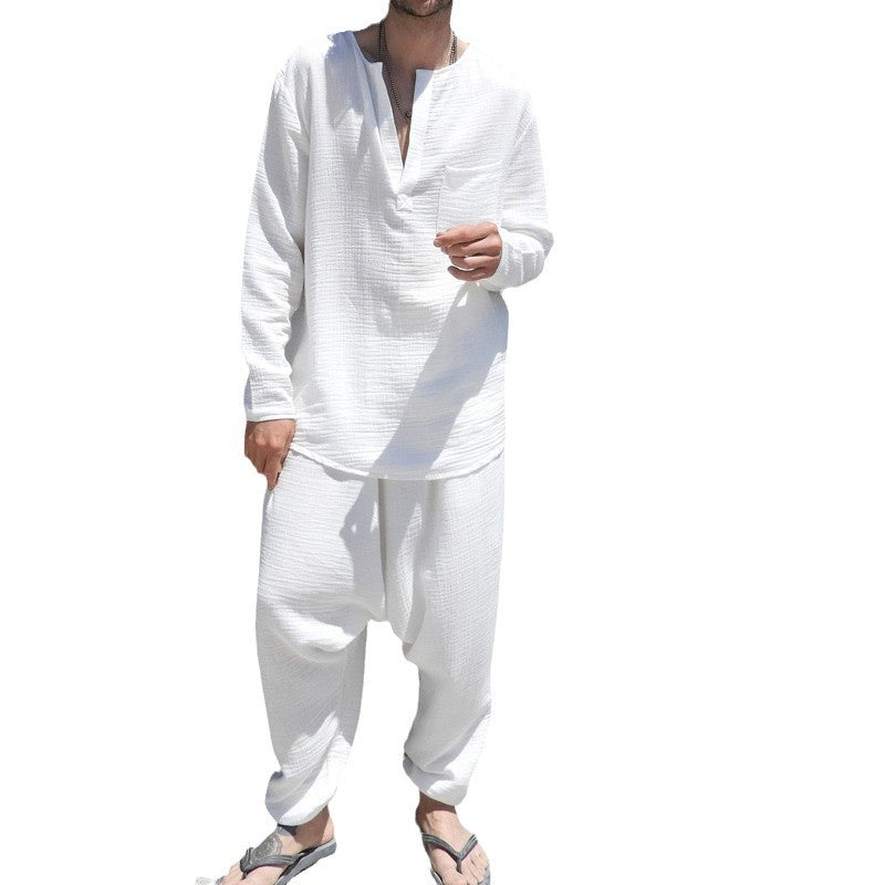 Men's Lightweight Cotton Gauze Leisure Set with Tunic and Harem Pants Mune Fashion