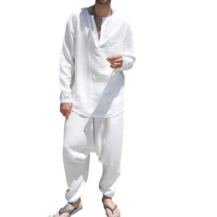 Men's Lightweight Cotton Gauze Leisure Set with Tunic and Harem Pants Mune Fashion
