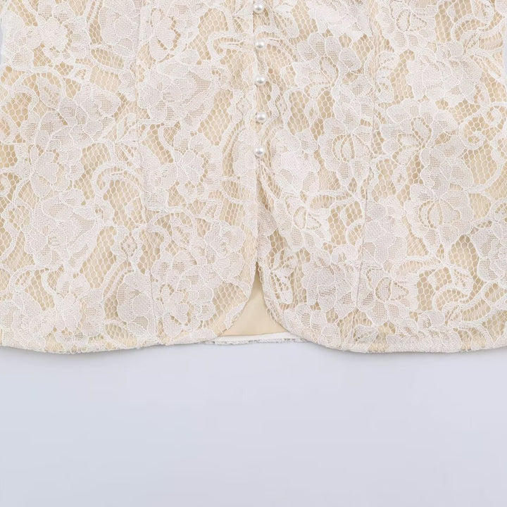 Women's lace blouse with stand-up collar and pearl button placket Mune Fashion