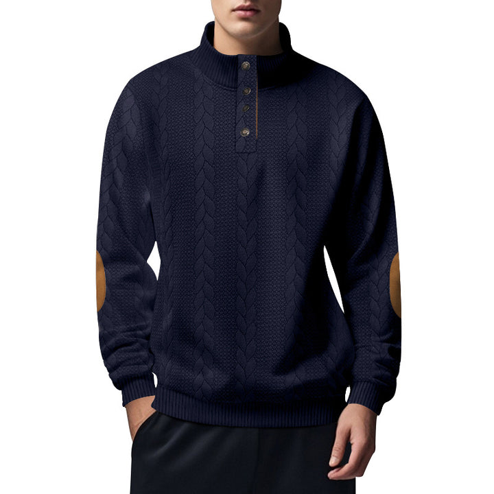 Men's structured cable knit Henley sweater with stand-up collar and elbow patches Mune Fashion