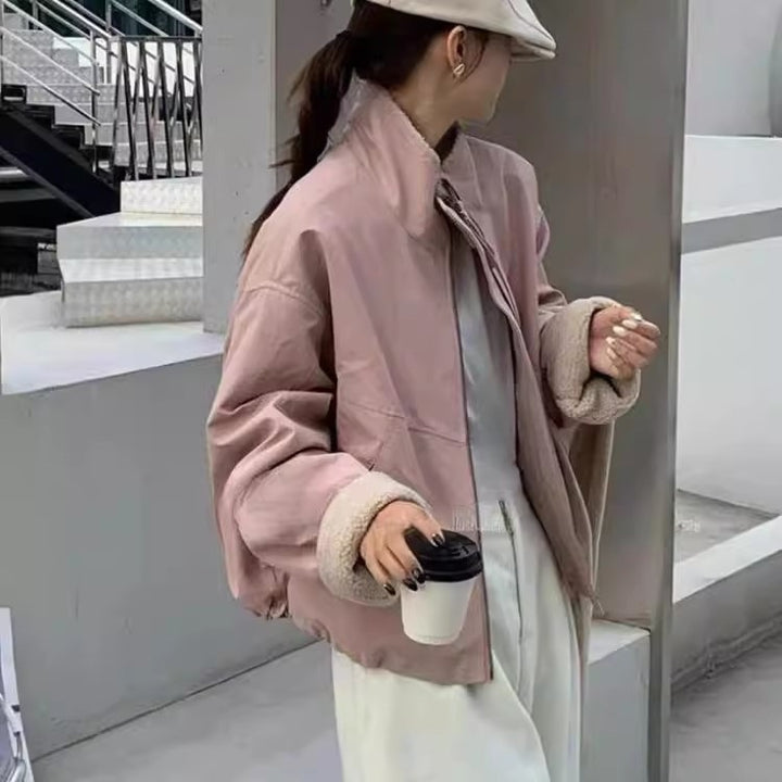 Women's Short Oversized Bomber Jacket with Teddy Lining at Cuffs and Stand Collar Mune Fashion