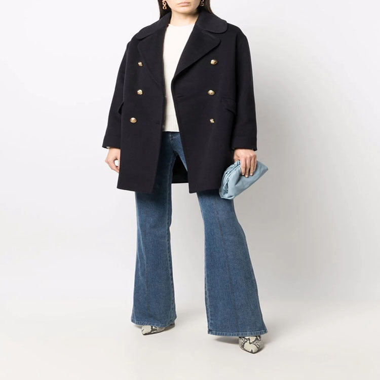Women's Boxy Double-Breasted Short Coat made of Wool Blend with Golden Decorative Buttons Mune Fashion