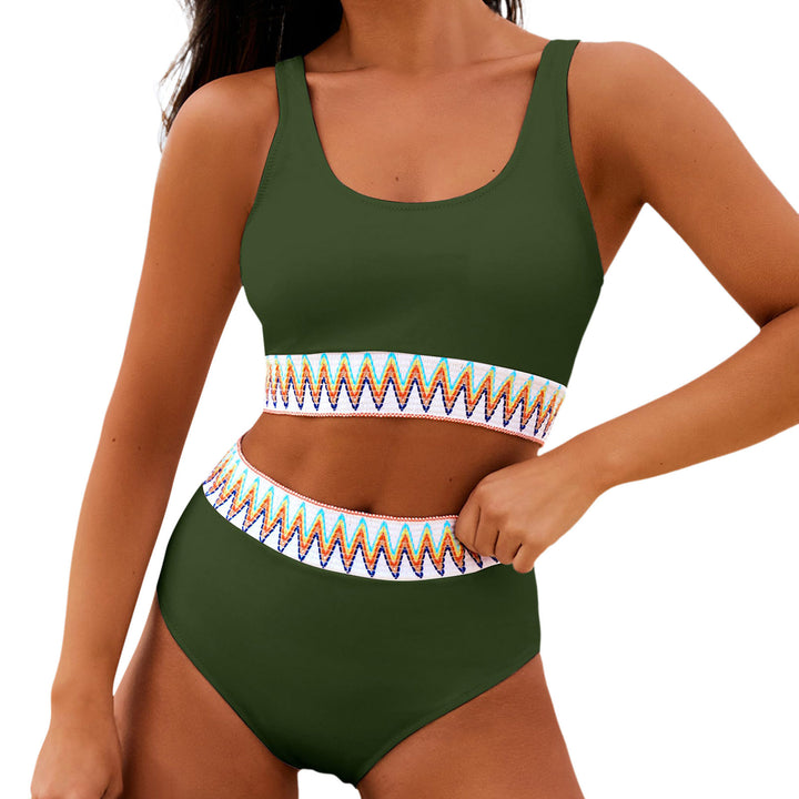 Women's High Waisted Bikini Set with Trendy Striped Band Mune Fashion