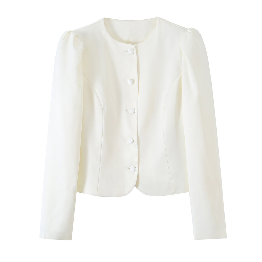 Women's Tailored Short Blazer with Puff Sleeves and Covered Buttons Mune Fashion